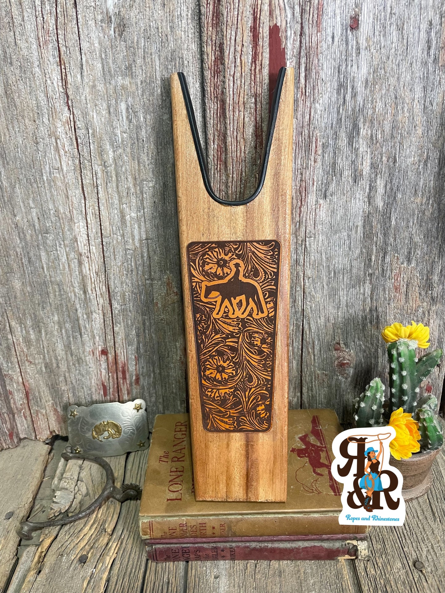 Wood Boot Jack Custom Engraved Genuine Leather