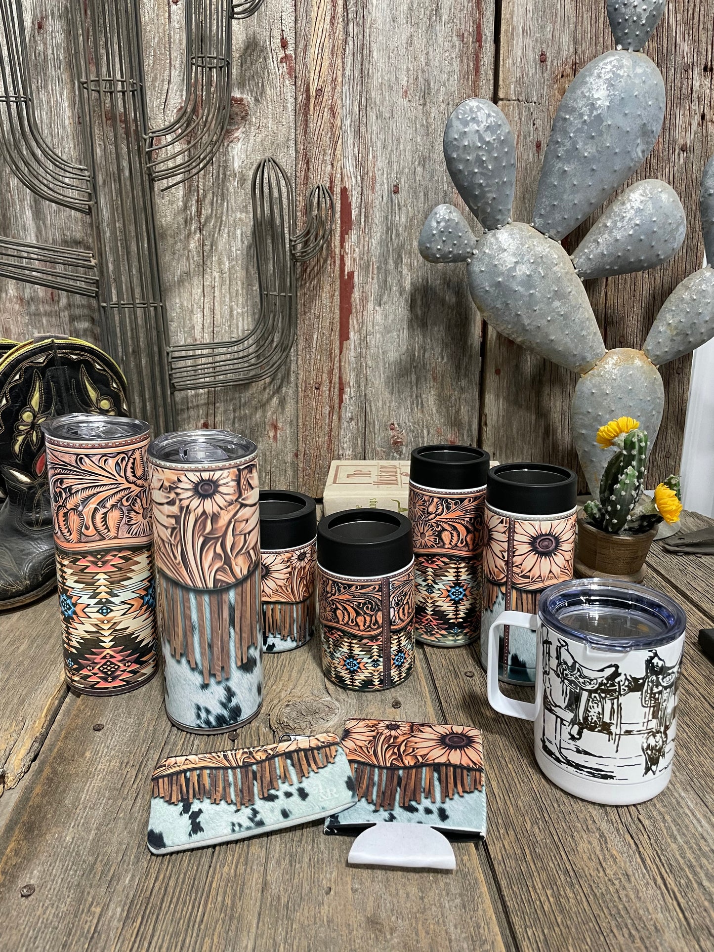 Tooled Leather, Fringe & Cowhide Skinny Can Cooler