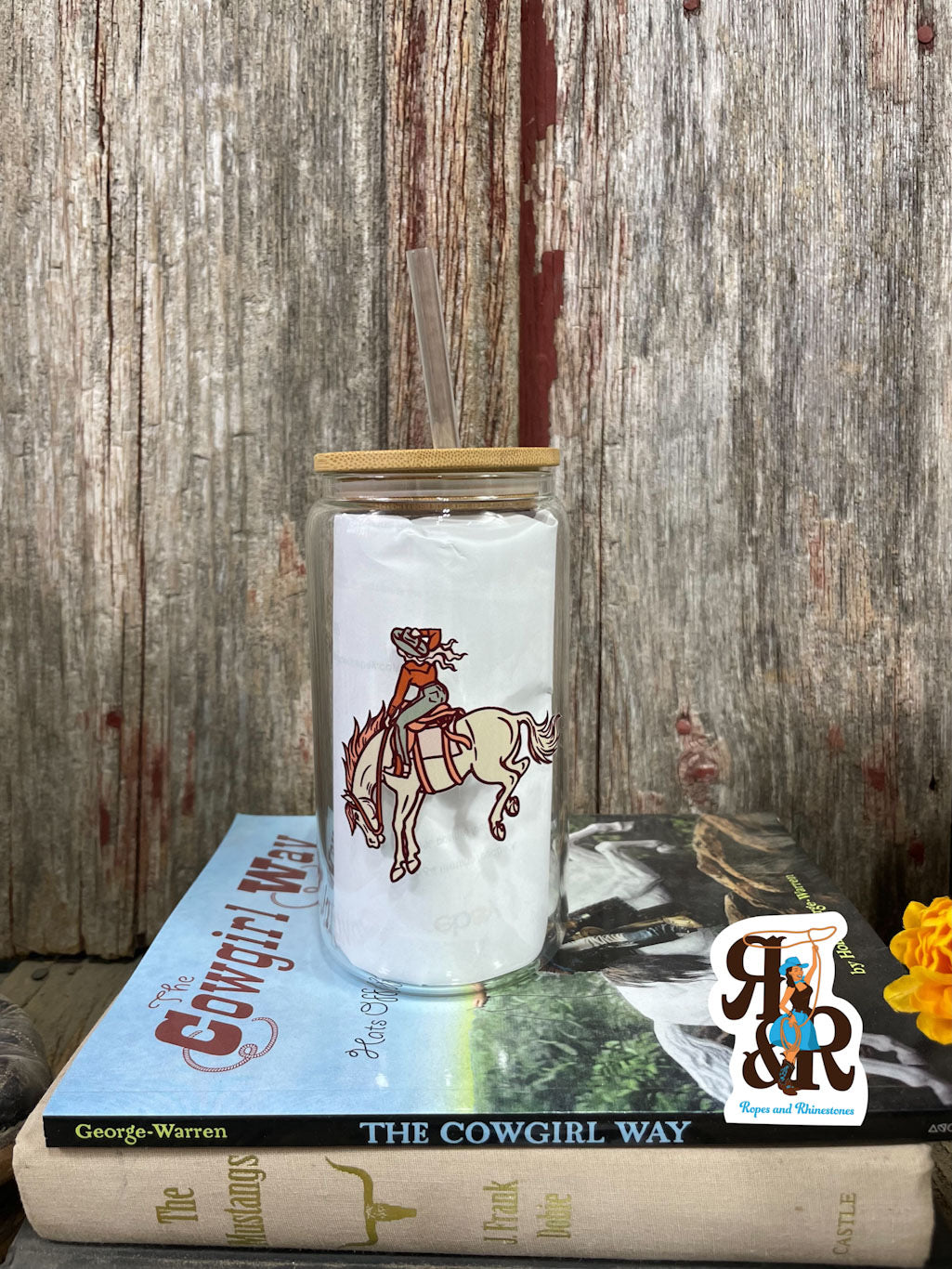 Cowgirl Bucking Bronc Glass Cup 16 oz