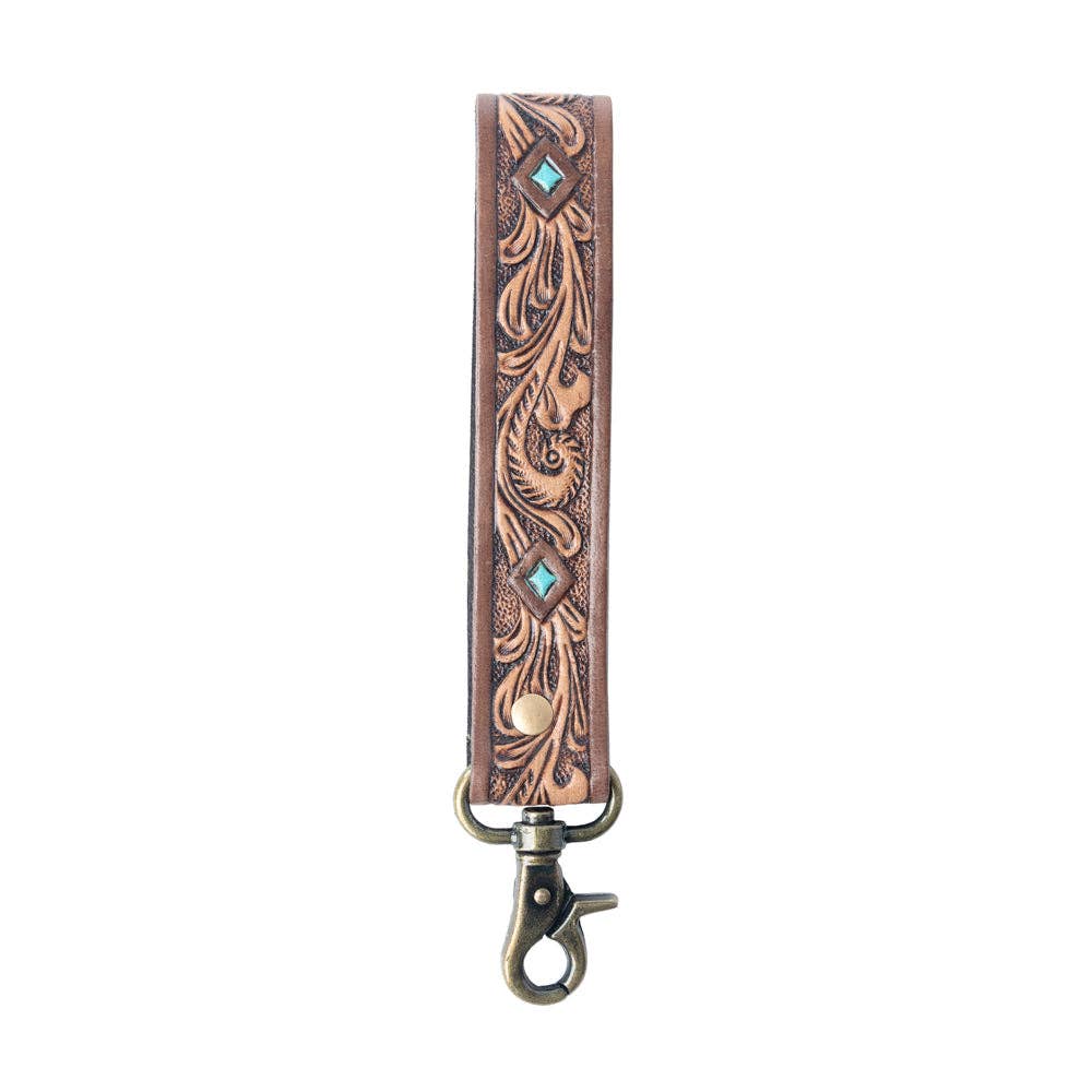 Spirit Stone Handtooled Leather Keyfob in Mahogany Brown