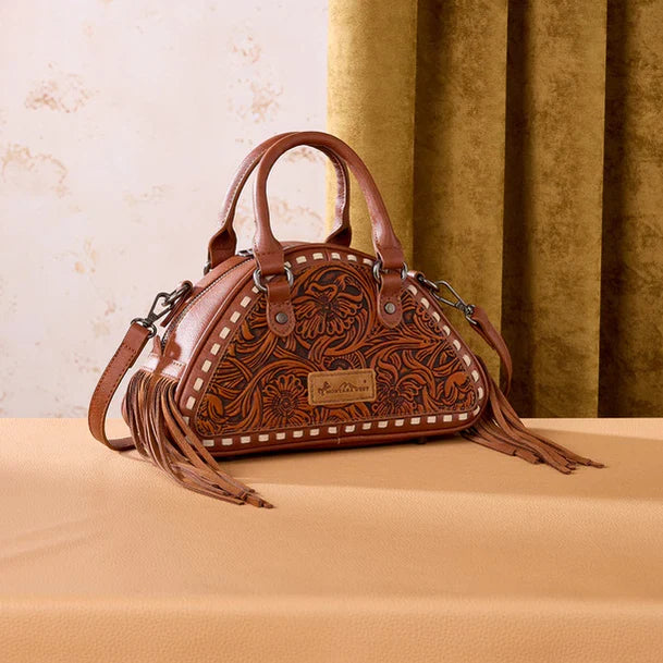 MONTANA WEST FLORAL TOOLED FRINGE SATCHEL BAG