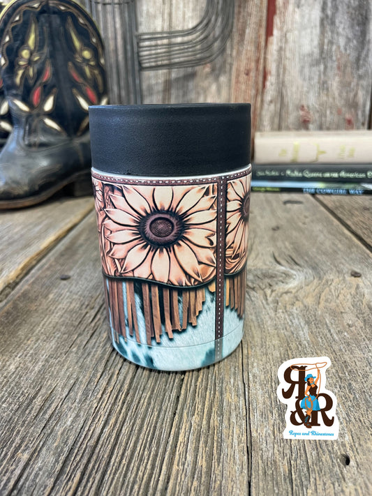 Tooled Leather, Fringe & Cowhide Can Cooler