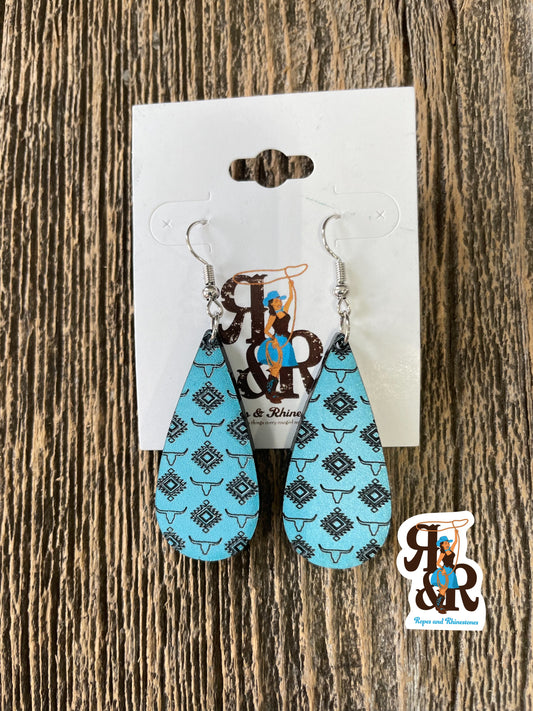 Ropes and Rhinestones Cow Skull Aztec Earrings