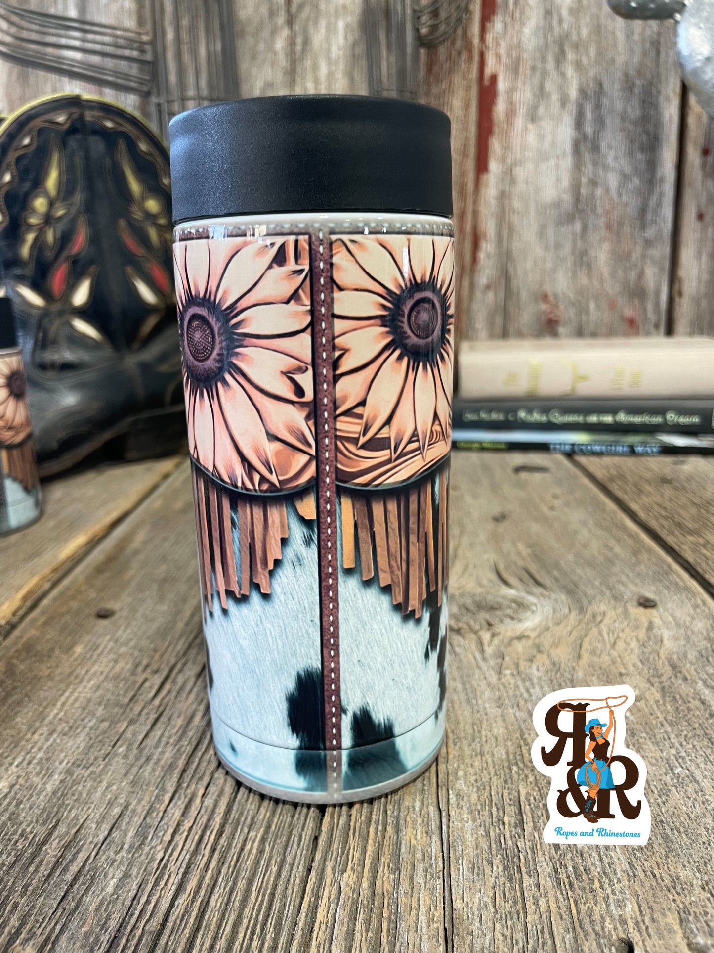 Tooled Leather, Fringe & Cowhide Skinny Can Cooler